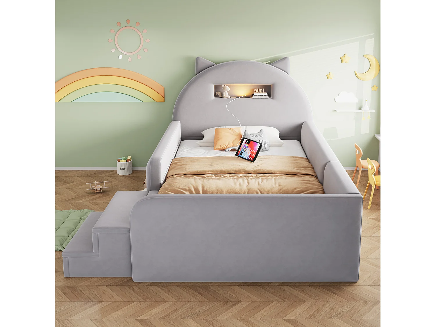 Lit enfant 90x200 cm en velours avec 4 tiroirs, LED et USB - Gris clair