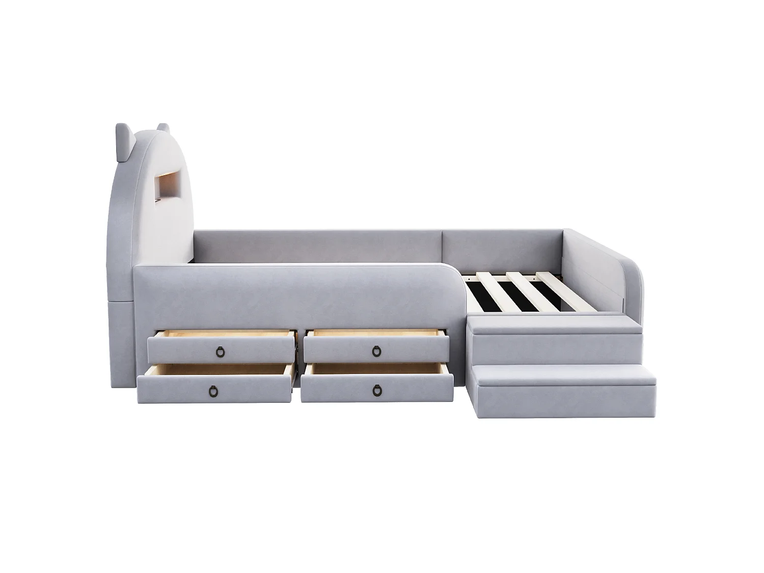 Lit enfant 90x200 cm en velours avec 4 tiroirs, LED et USB - Gris clair