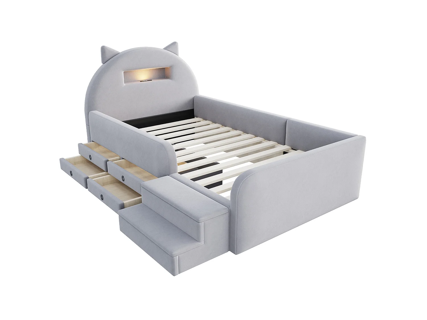 Lit enfant 90x200 cm en velours avec 4 tiroirs, LED et USB - Gris clair