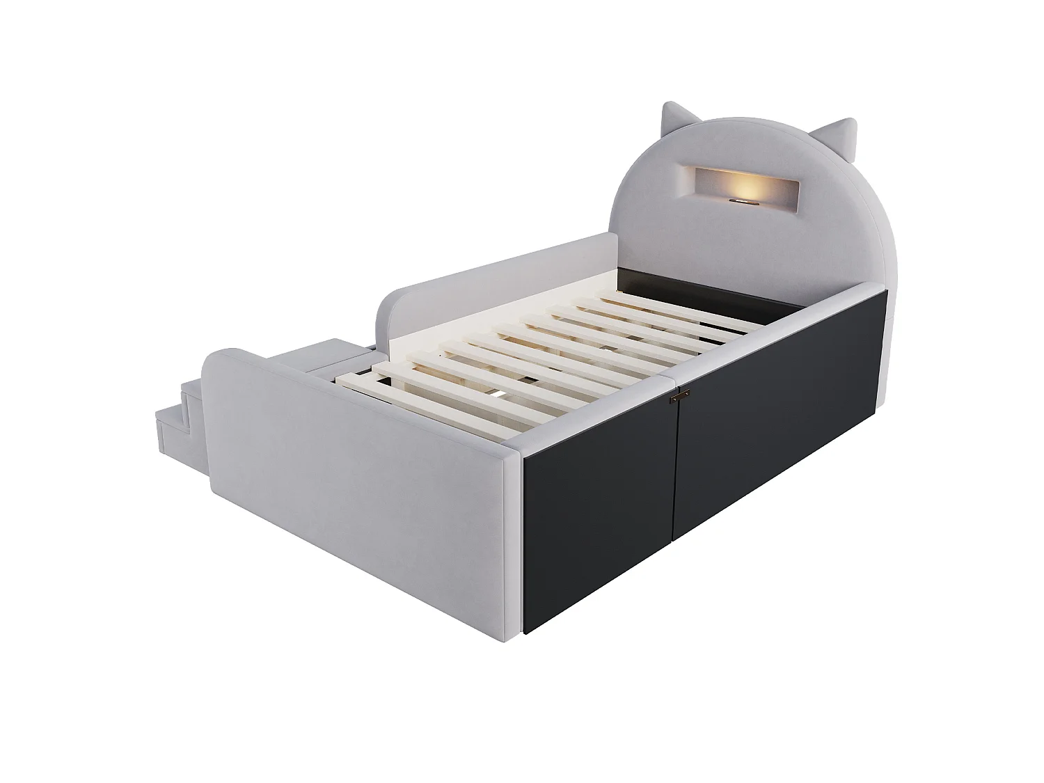 Lit enfant 90x200 cm en velours avec 4 tiroirs, LED et USB - Gris clair