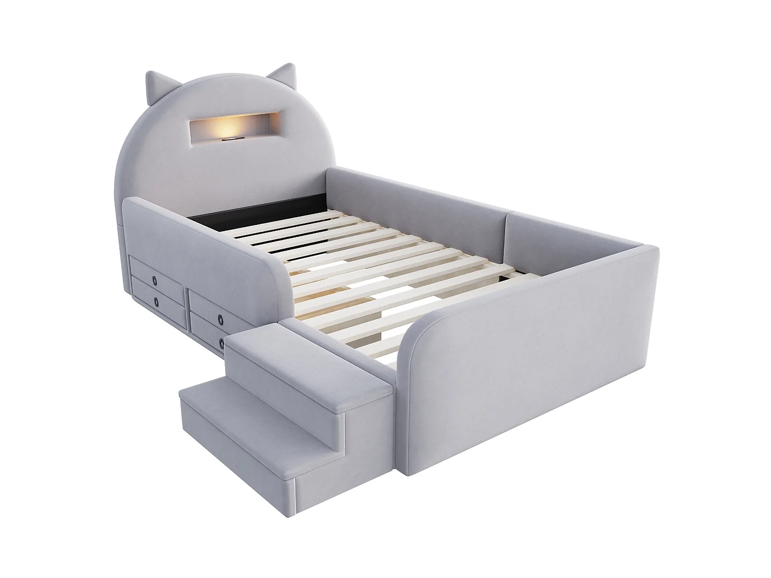 Lit enfant 90x200 cm en velours avec 4 tiroirs, LED et USB - Gris clair