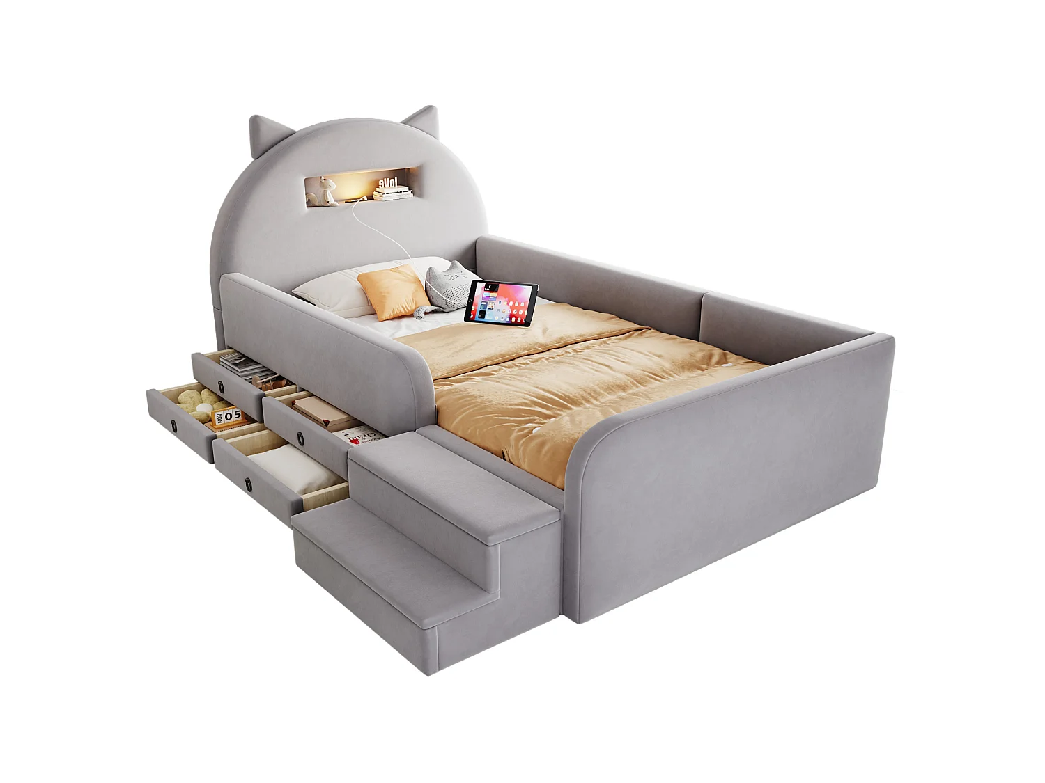 Lit enfant 90x200 cm en velours avec 4 tiroirs, LED et USB - Gris clair