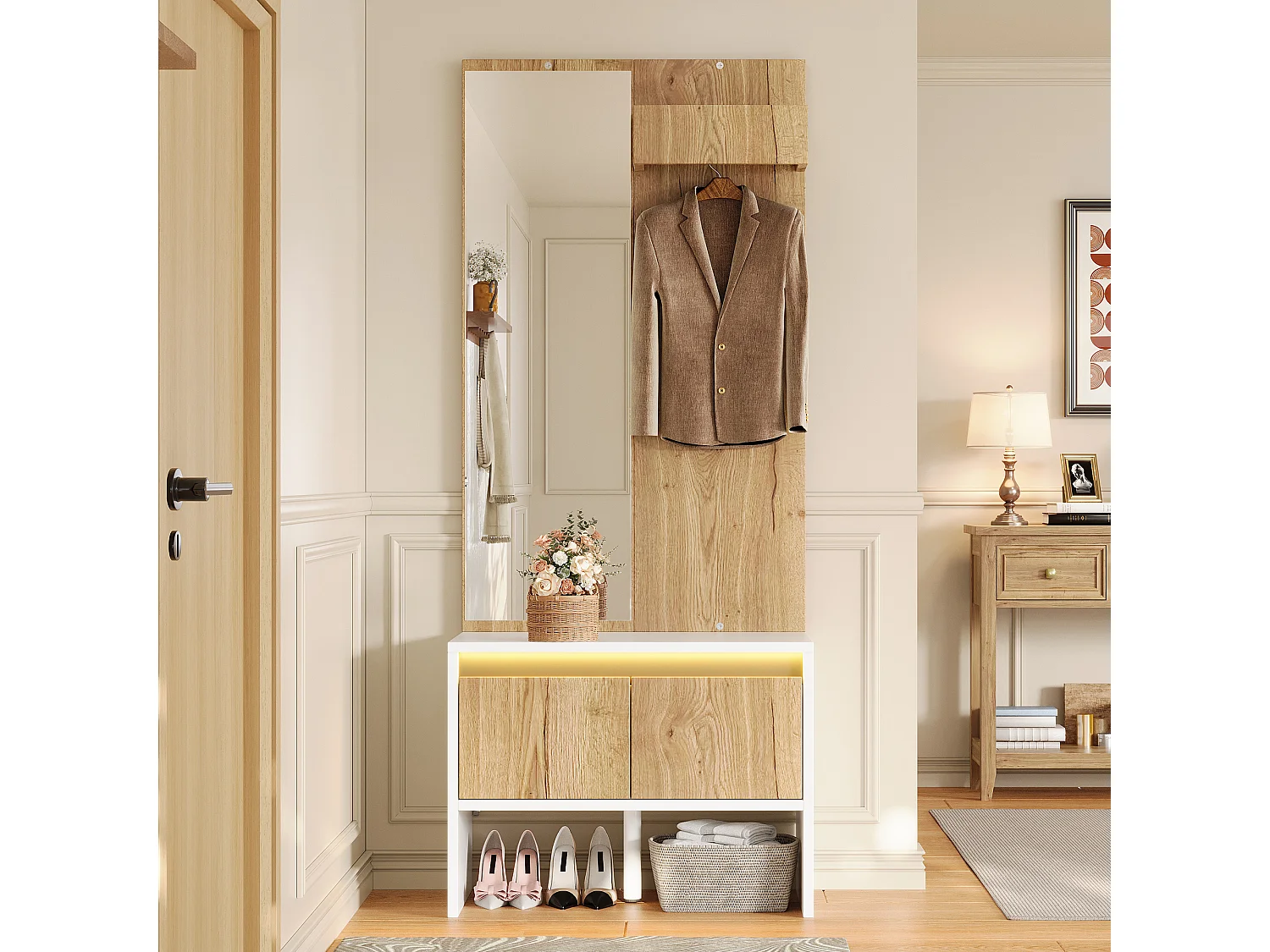 Conjunto de vestíbulo de entrada 60x38x145cm - com espelho e banco para sapatos - com 2 gavetas e cabideiro - Natural + Branco