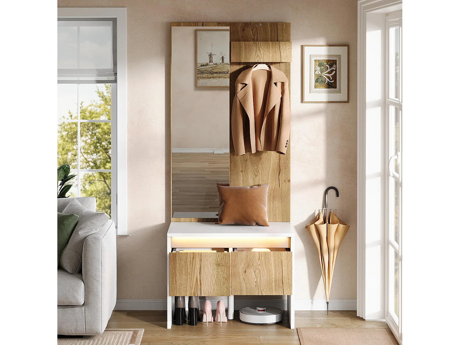 Conjunto de vestíbulo de entrada 60x38x145cm - com espelho e banco para sapatos - com 2 gavetas e cabideiro - Natural + Branco
