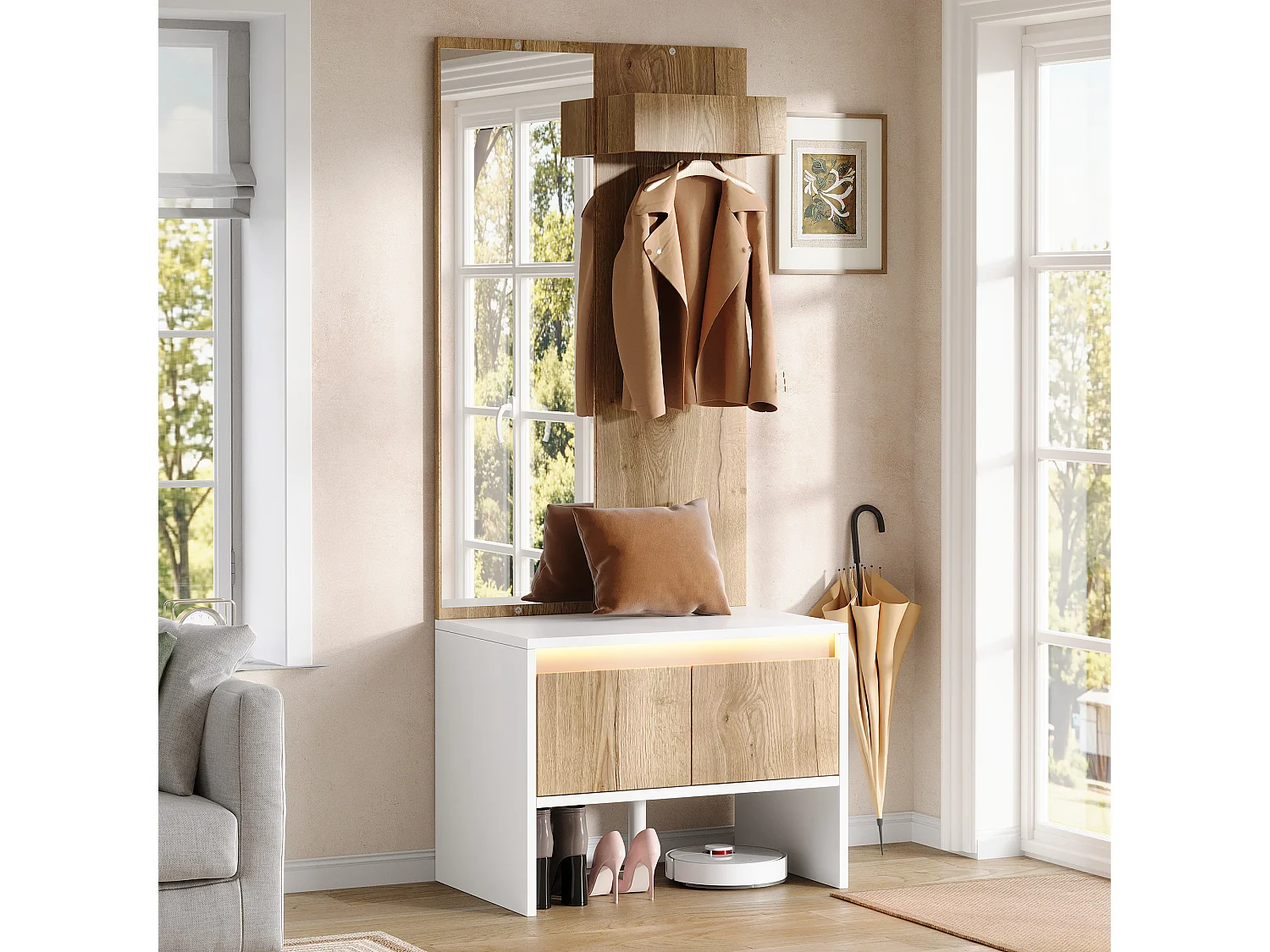Conjunto de vestíbulo de entrada 60x38x145cm - com espelho e banco para sapatos - com 2 gavetas e cabideiro - Natural + Branco