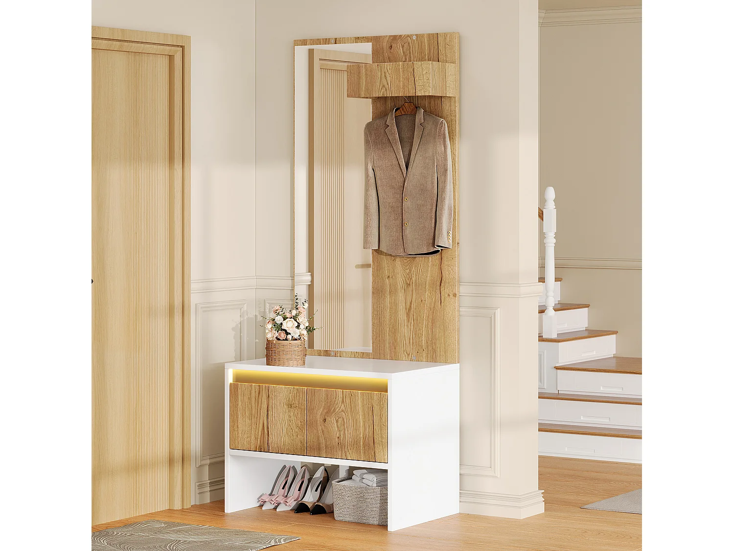 Conjunto de vestíbulo de entrada 60x38x145cm - com espelho e banco para sapatos - com 2 gavetas e cabideiro - Natural + Branco