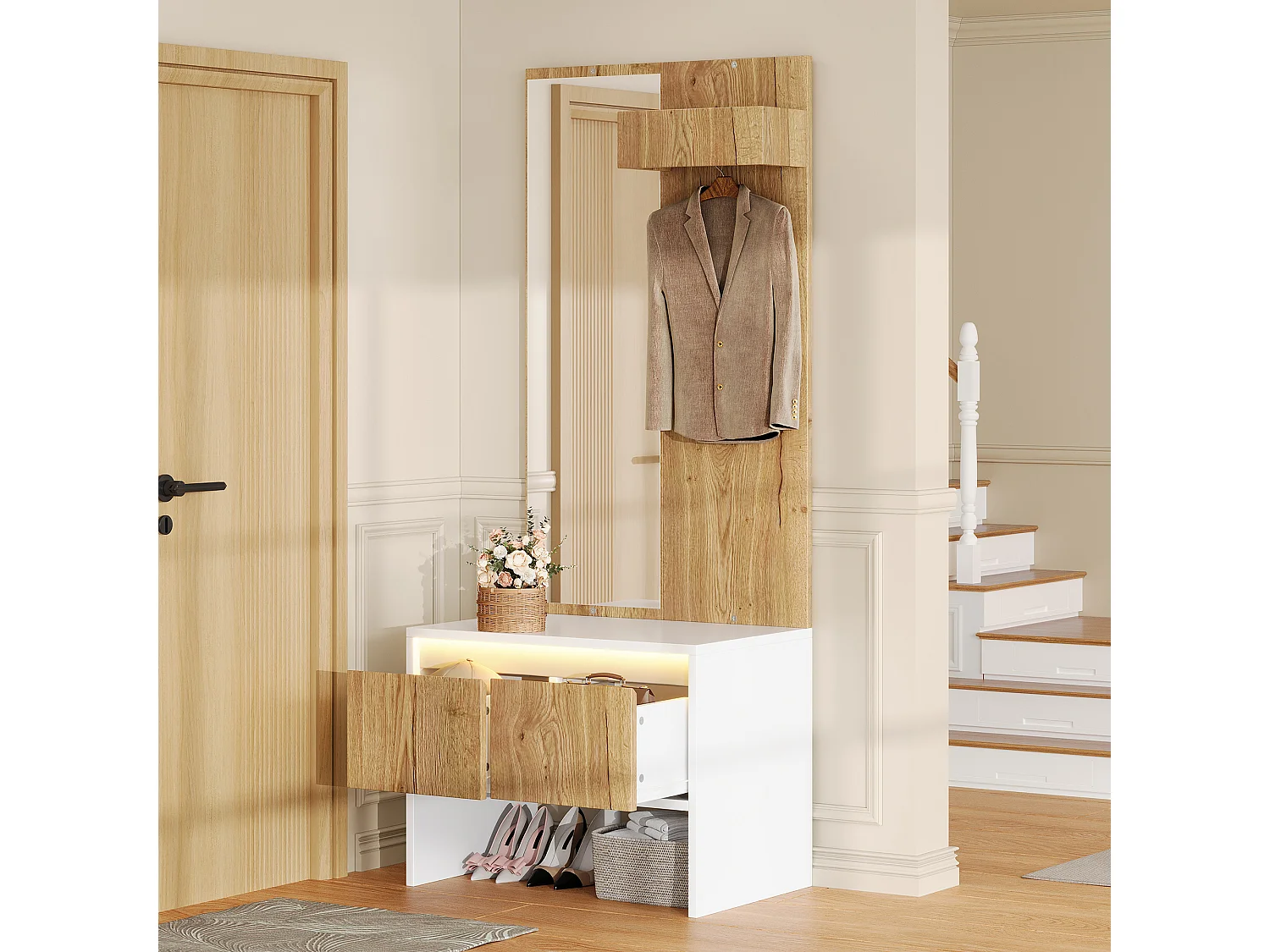Conjunto de vestíbulo de entrada 60x38x145cm - com espelho e banco para sapatos - com 2 gavetas e cabideiro - Natural + Branco