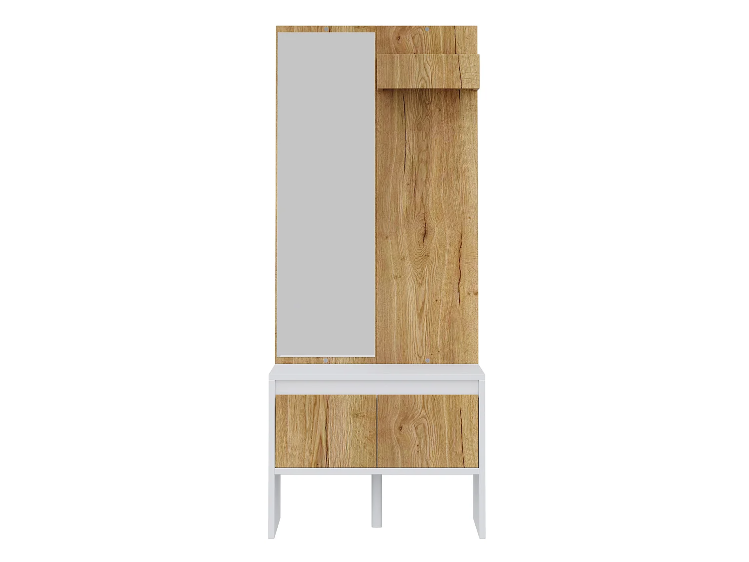 Conjunto de vestíbulo de entrada 60x38x145cm - com espelho e banco para sapatos - com 2 gavetas e cabideiro - Natural + Branco