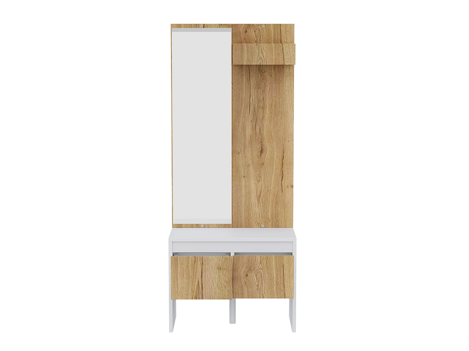 Conjunto de vestíbulo de entrada 60x38x145cm - com espelho e banco para sapatos - com 2 gavetas e cabideiro - Natural + Branco
