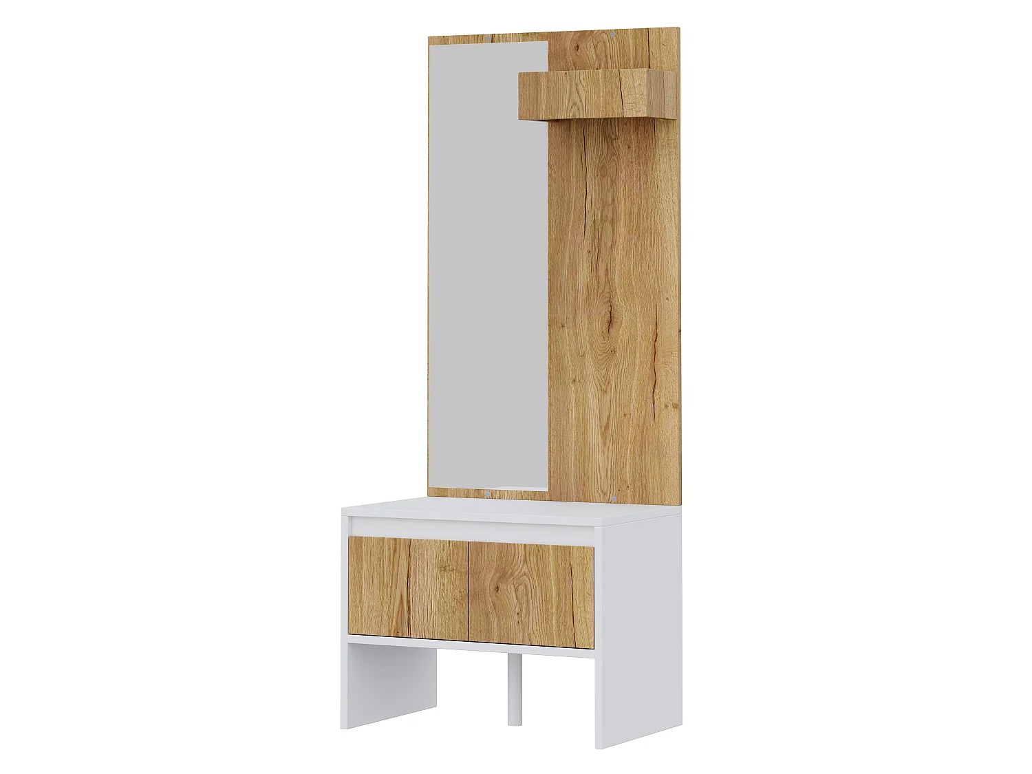 Conjunto de vestíbulo de entrada 60x38x145cm - com espelho e banco para sapatos - com 2 gavetas e cabideiro - Natural + Branco