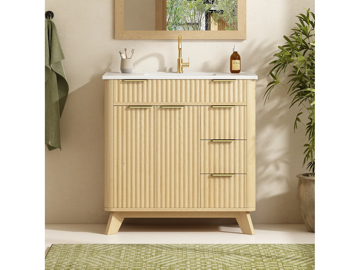 Badrumsskåp 81cm med Keramisk Tvättställ - Underbyggt skåp på ben, 3 Lådor, Soft-Close-dörrar, Modern Vågdesign - Naturlig Träton