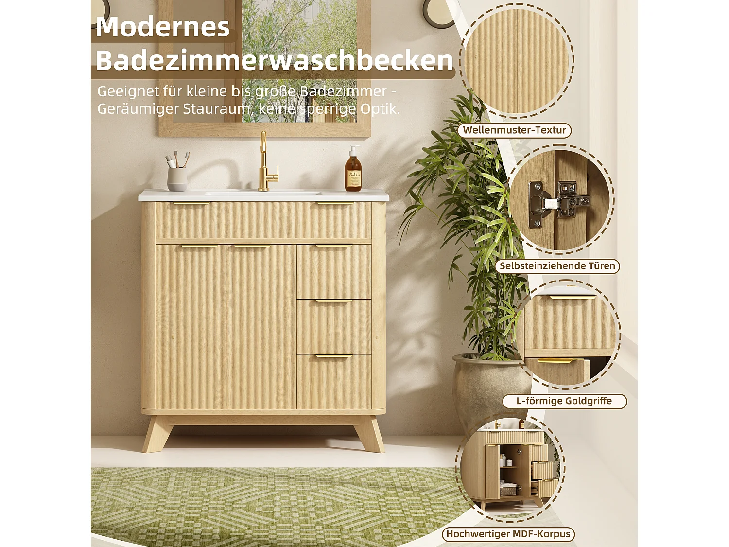 Badrumsskåp 81cm med Keramisk Tvättställ - Underbyggt skåp på ben, 3 Lådor, Soft-Close-dörrar, Modern Vågdesign - Naturlig Träton