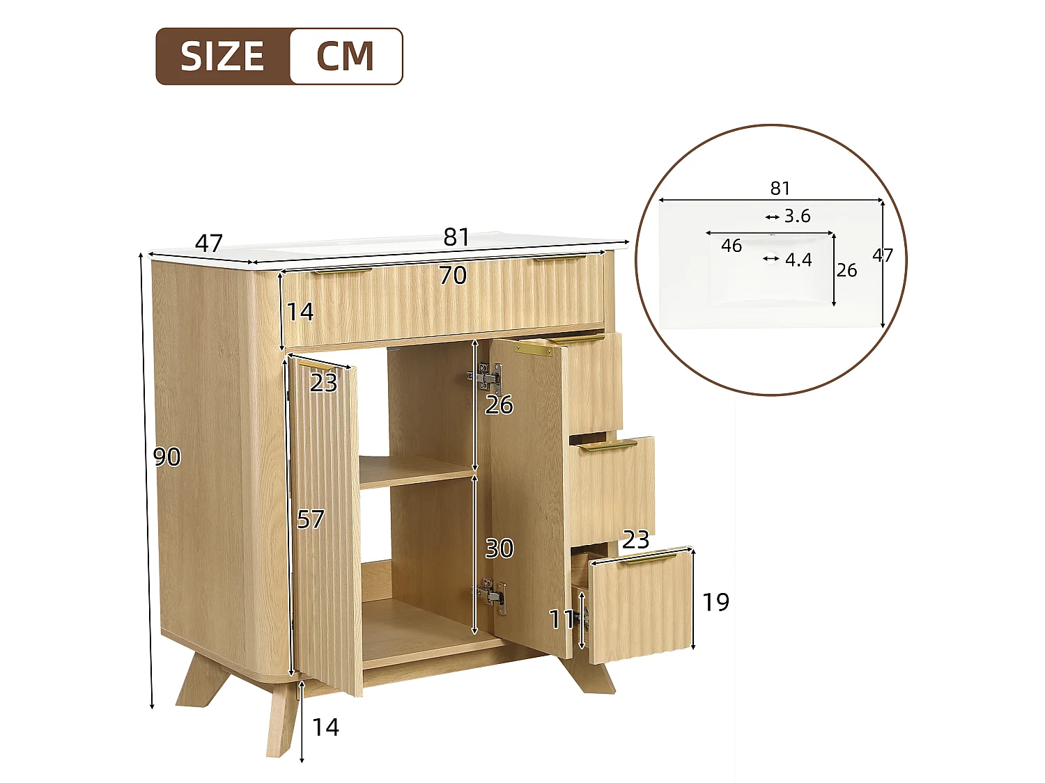 Badrumsskåp 81cm med Keramisk Tvättställ - Underbyggt skåp på ben, 3 Lådor, Soft-Close-dörrar, Modern Vågdesign - Naturlig Träton