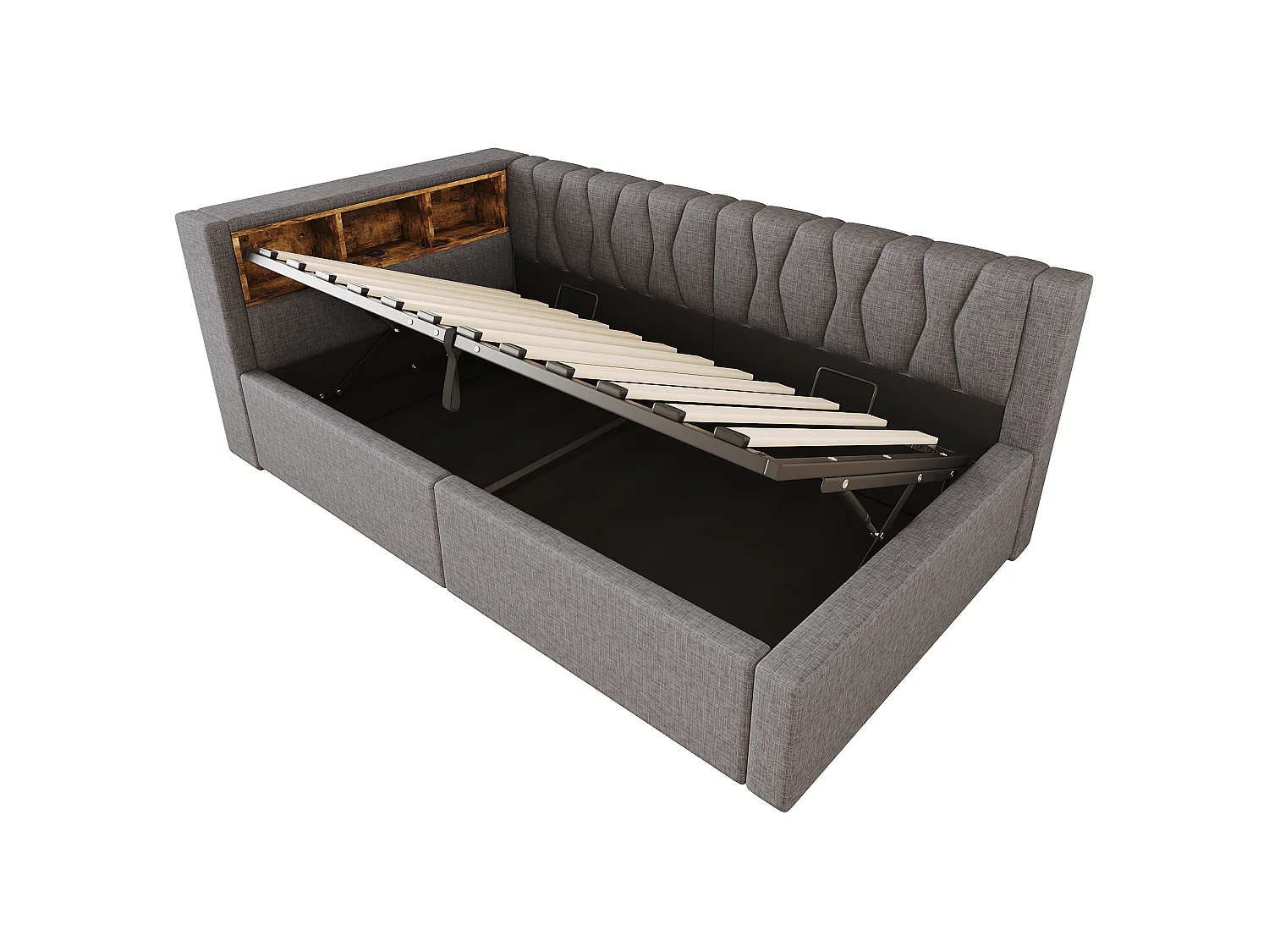 Soffbädd med förvaring 90x200cm - med LED-ljus - med förvaringshylla + USB-port - grå (madrass ingår ej)