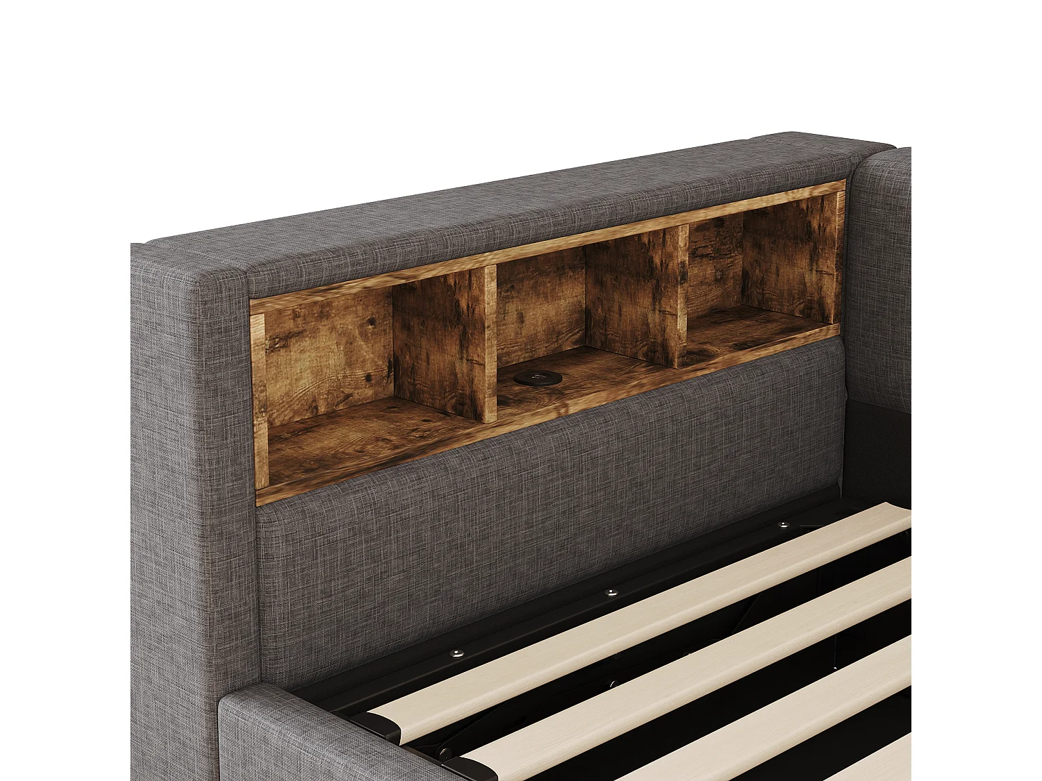 Soffbädd med förvaring 90x200cm - med LED-ljus - med förvaringshylla + USB-port - grå (madrass ingår ej)