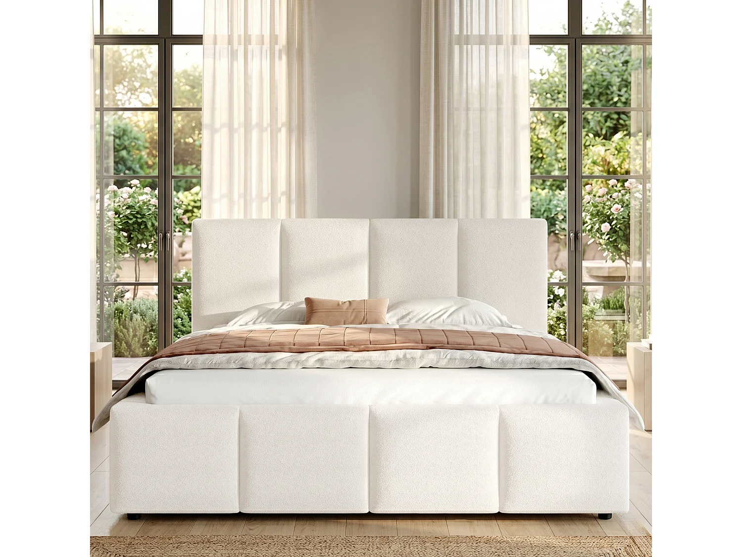 Volwassenenbed 160x200 cm in beige bouclé stof met lattenbodem