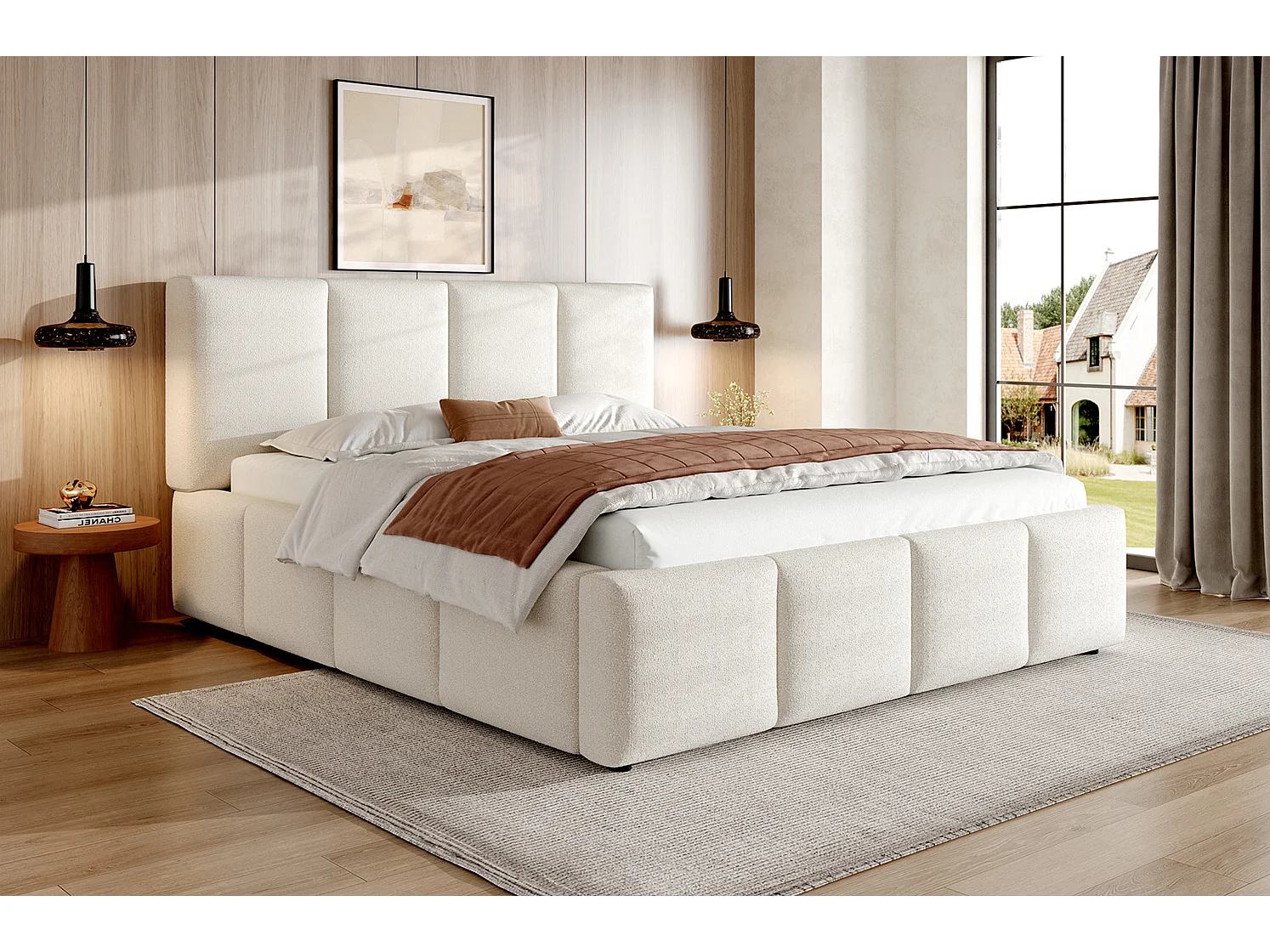 Volwassenenbed 160x200 cm in beige bouclé stof met lattenbodem