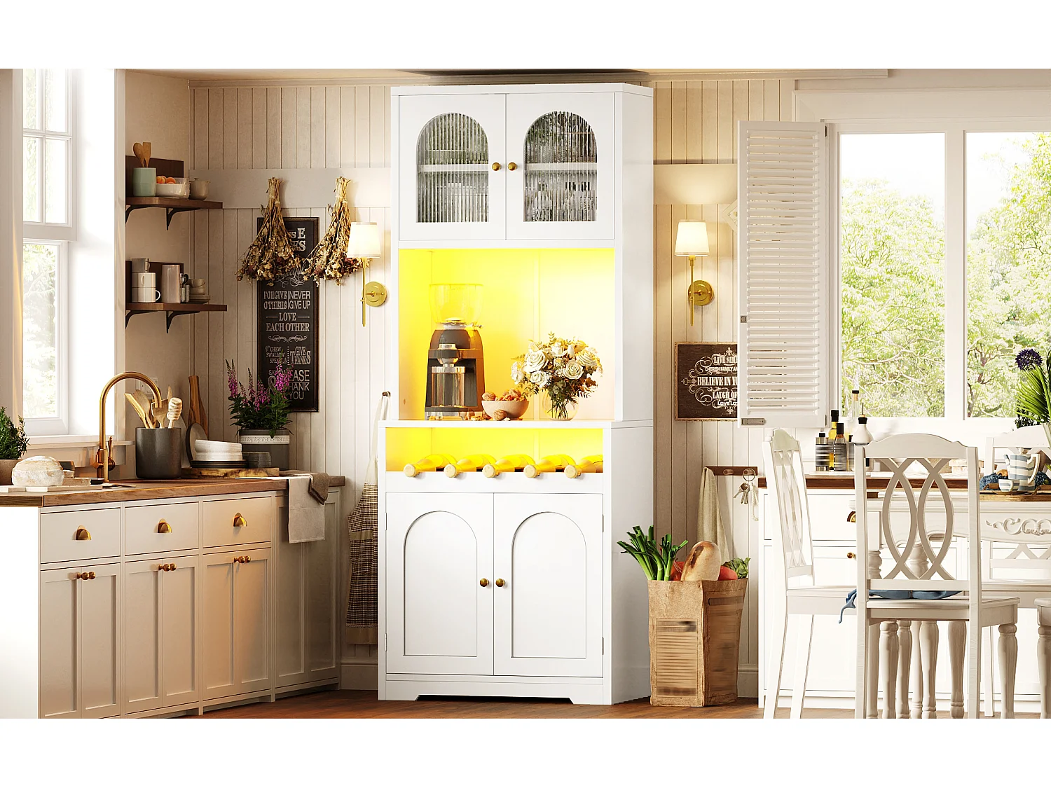 Buffet Haut de Cuisine 180cm - Vitrine avec Portes Arquées, Éclairage LED RGB Connecté, Casier à Vin, Sécurité Anti-Basculement - Blanc