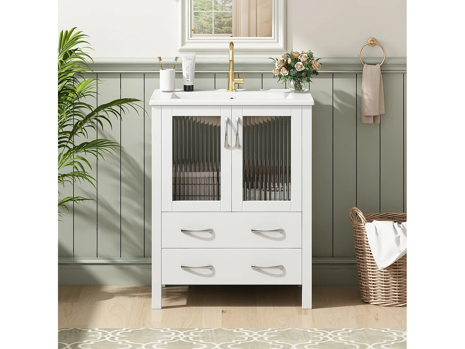 Badrumsskåp 61cm med Keramisk Handfat - Underhandfatsskåp på ben, Räfflad Glasdörr, Förvaringslådor, Modern Design - Glansigt Vit