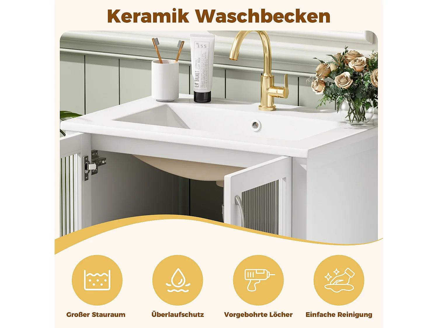 Badrumsskåp 61cm med Keramisk Handfat - Underhandfatsskåp på ben, Räfflad Glasdörr, Förvaringslådor, Modern Design - Glansigt Vit