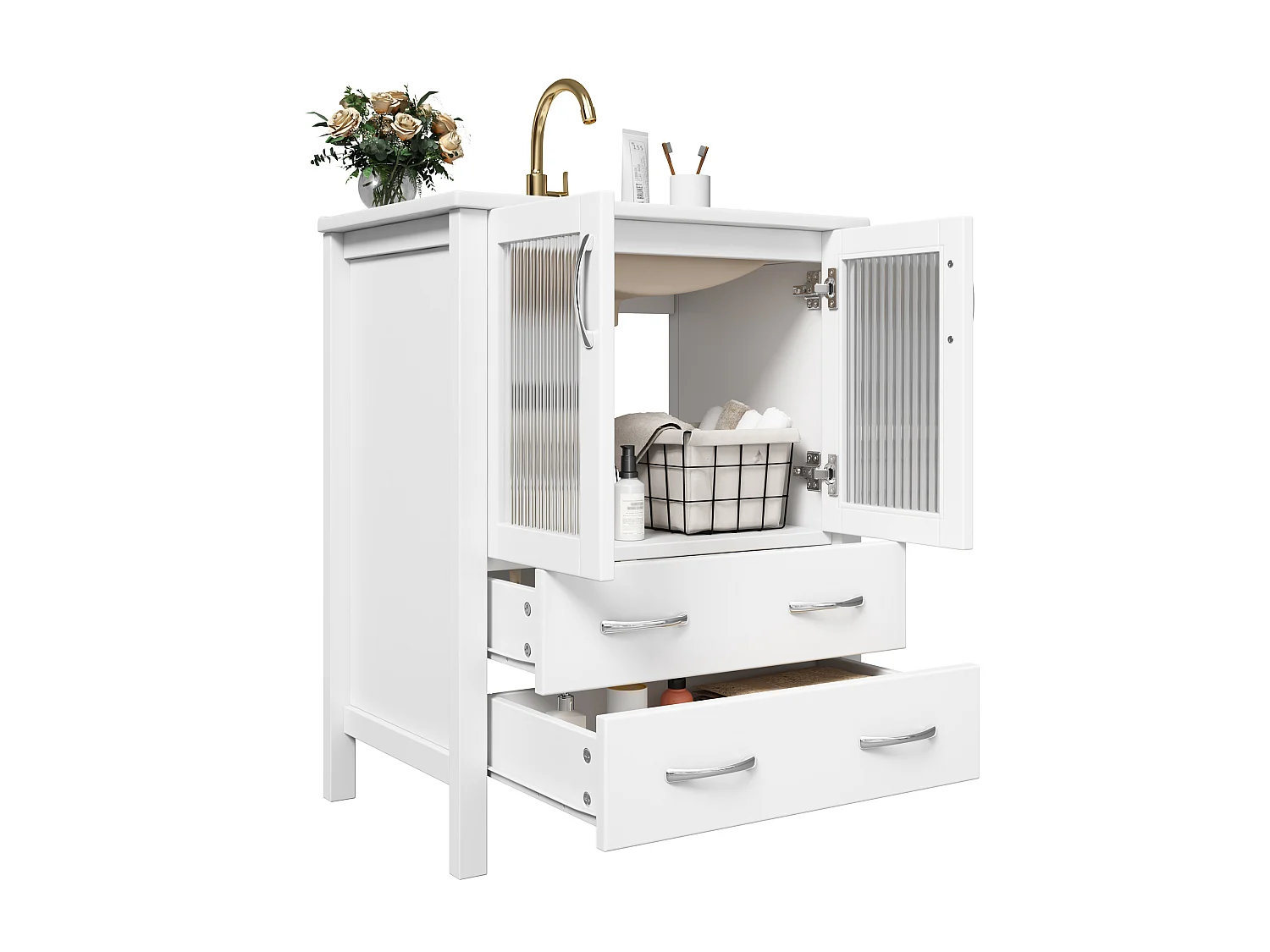 Badrumsskåp 61cm med Keramisk Handfat - Underhandfatsskåp på ben, Räfflad Glasdörr, Förvaringslådor, Modern Design - Glansigt Vit