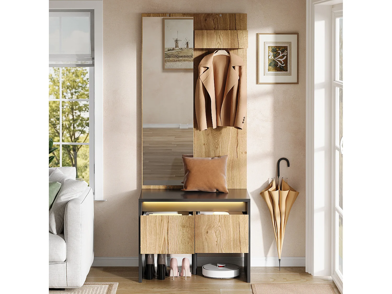 Entry wardrobe set 60x38x145cm - with mirror and shoe bench - with 2 drawers and clothes rack - Natural + Black