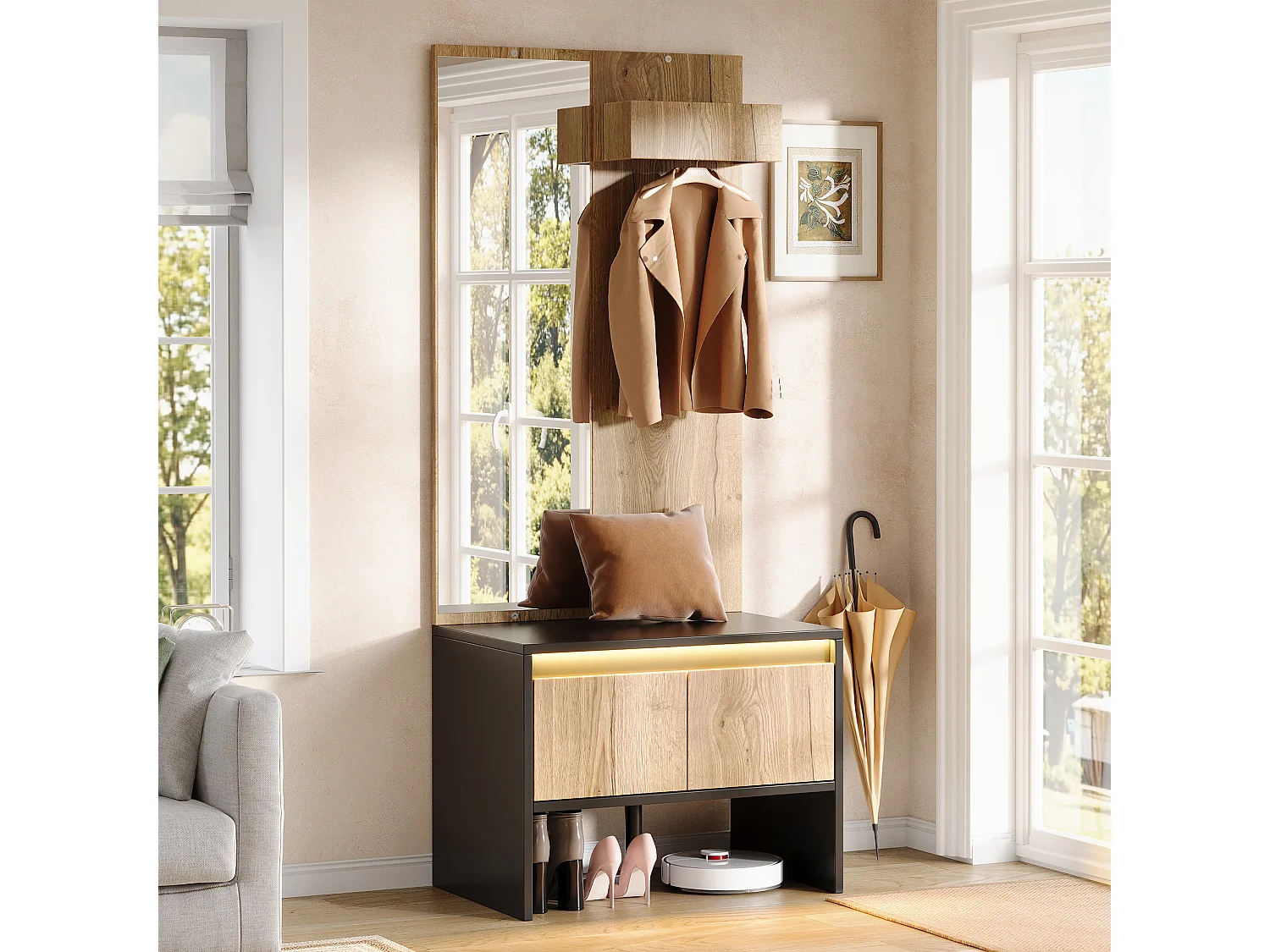 Entry wardrobe set 60x38x145cm - with mirror and shoe bench - with 2 drawers and clothes rack - Natural + Black