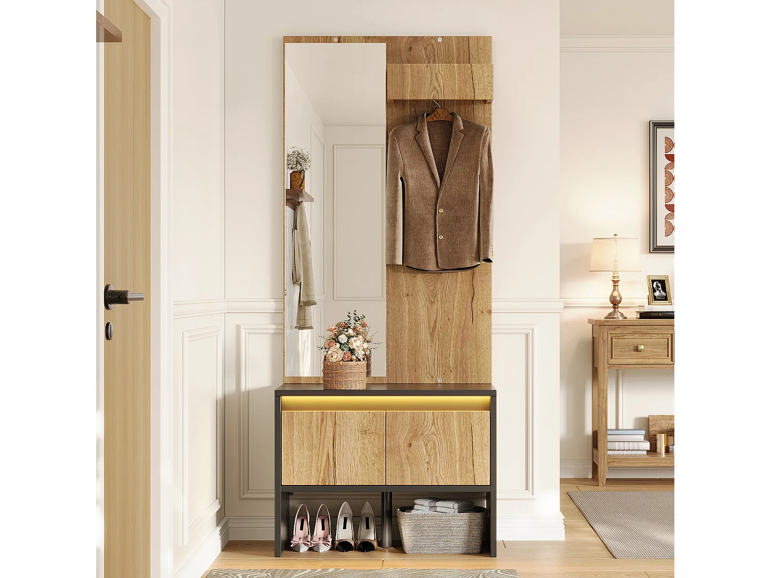 Entry wardrobe set 60x38x145cm - with mirror and shoe bench - with 2 drawers and clothes rack - Natural + Black