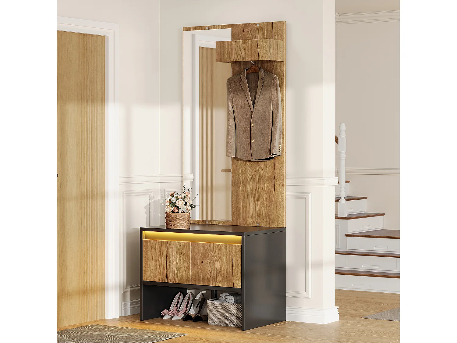 Entry wardrobe set 60x38x145cm - with mirror and shoe bench - with 2 drawers and clothes rack - Natural + Black