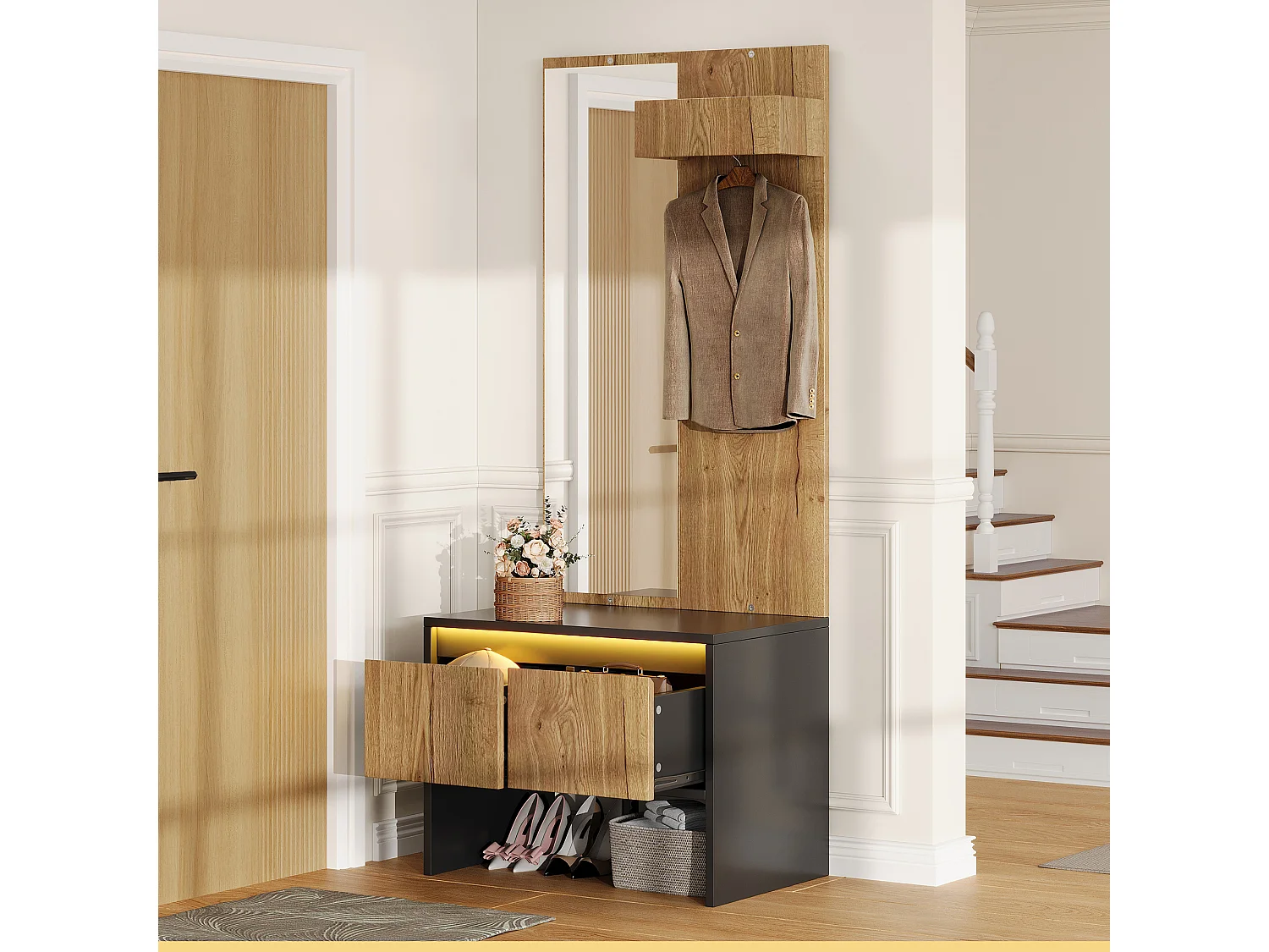 Entry wardrobe set 60x38x145cm - with mirror and shoe bench - with 2 drawers and clothes rack - Natural + Black