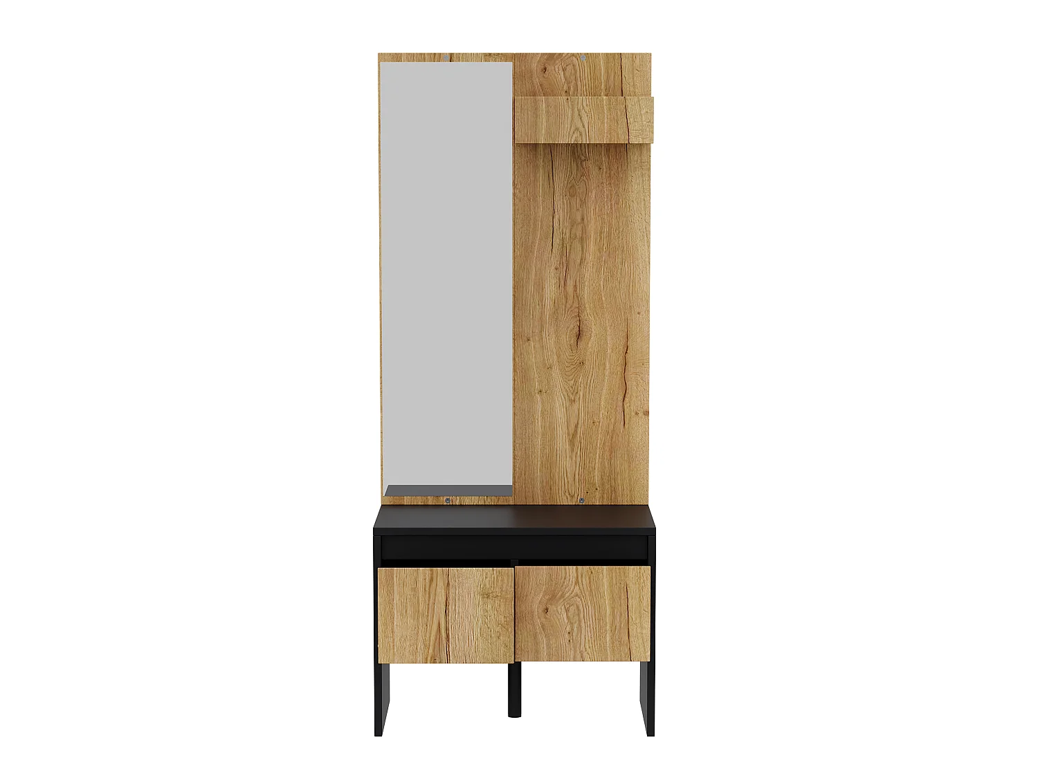 Entry wardrobe set 60x38x145cm - with mirror and shoe bench - with 2 drawers and clothes rack - Natural + Black
