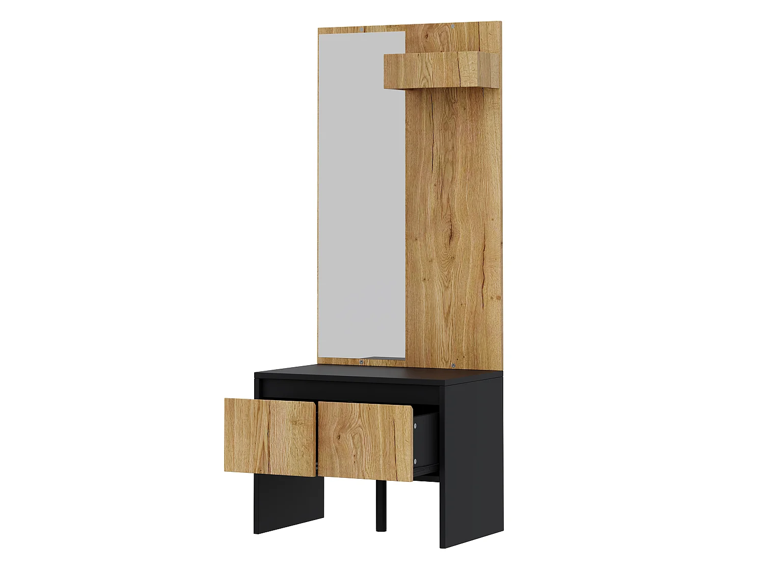 Entry wardrobe set 60x38x145cm - with mirror and shoe bench - with 2 drawers and clothes rack - Natural + Black