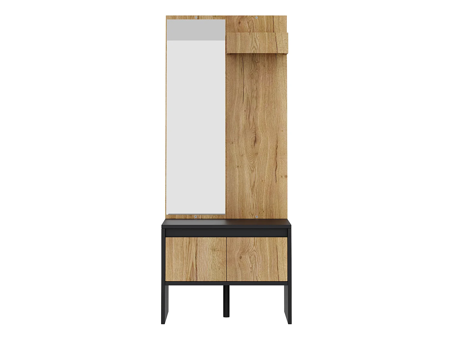 Entry wardrobe set 60x38x145cm - with mirror and shoe bench - with 2 drawers and clothes rack - Natural + Black