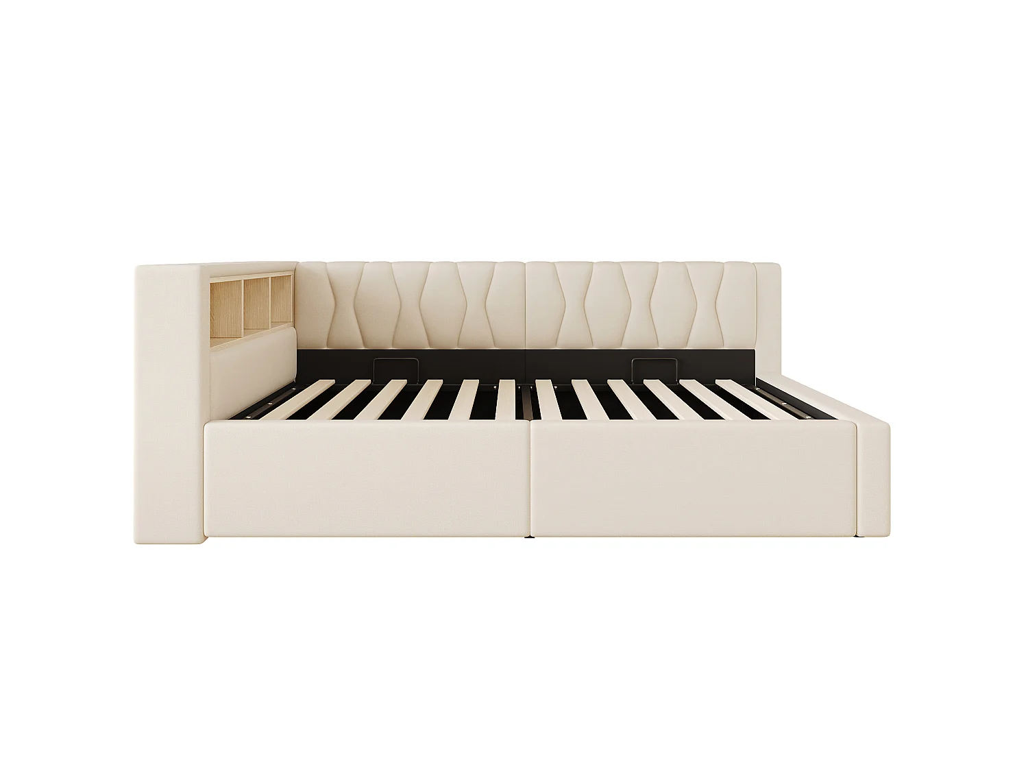 Soffbädd med förvaring 90x200cm - med LED-ljus - med förvaringshylla + USB-port - beige (madrass ingår ej)