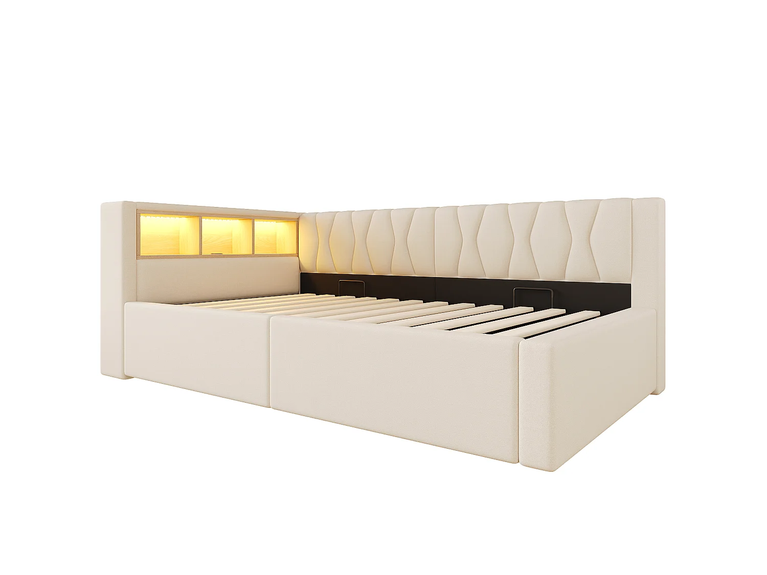 Soffbädd med förvaring 90x200cm - med LED-ljus - med förvaringshylla + USB-port - beige (madrass ingår ej)