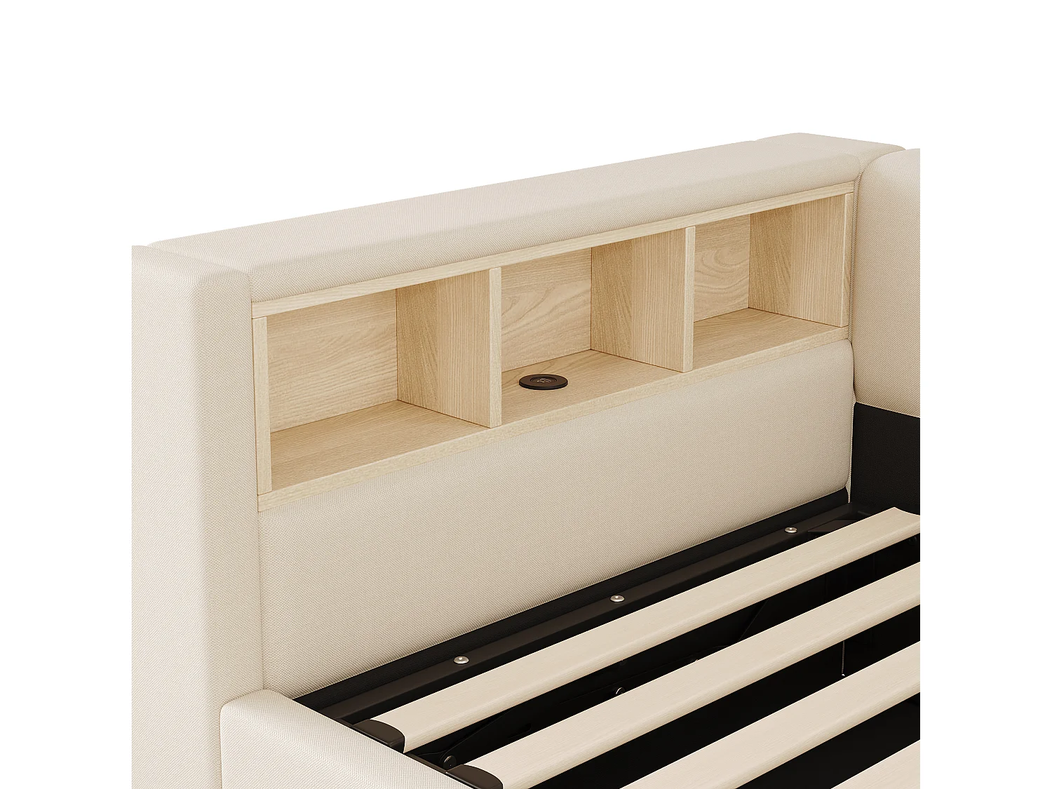 Soffbädd med förvaring 90x200cm - med LED-ljus - med förvaringshylla + USB-port - beige (madrass ingår ej)