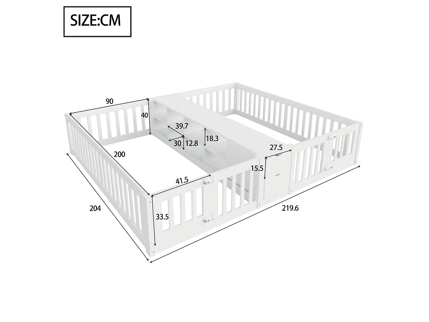 Barnsäng 90x200 cm med 2 sovplatser, 2 lådor och hyllplan - Utan ribbotten - Vit