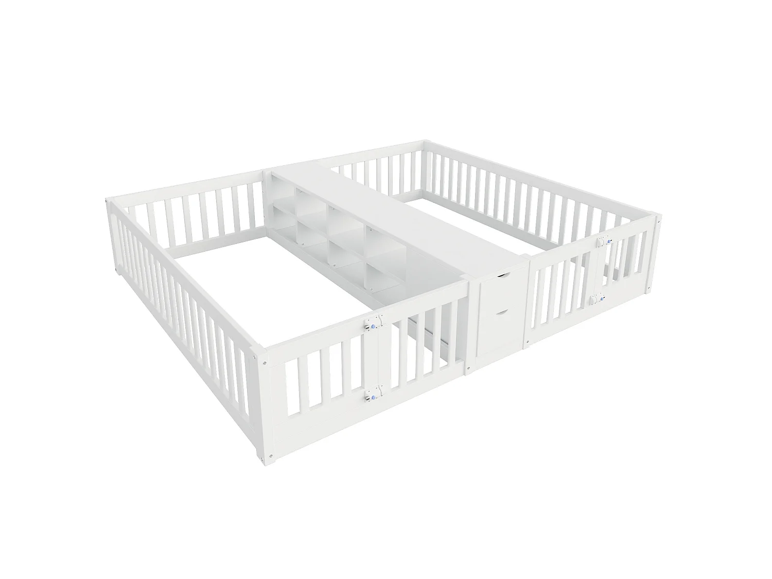 Barnsäng 90x200 cm med 2 sovplatser, 2 lådor och hyllplan - Utan ribbotten - Vit