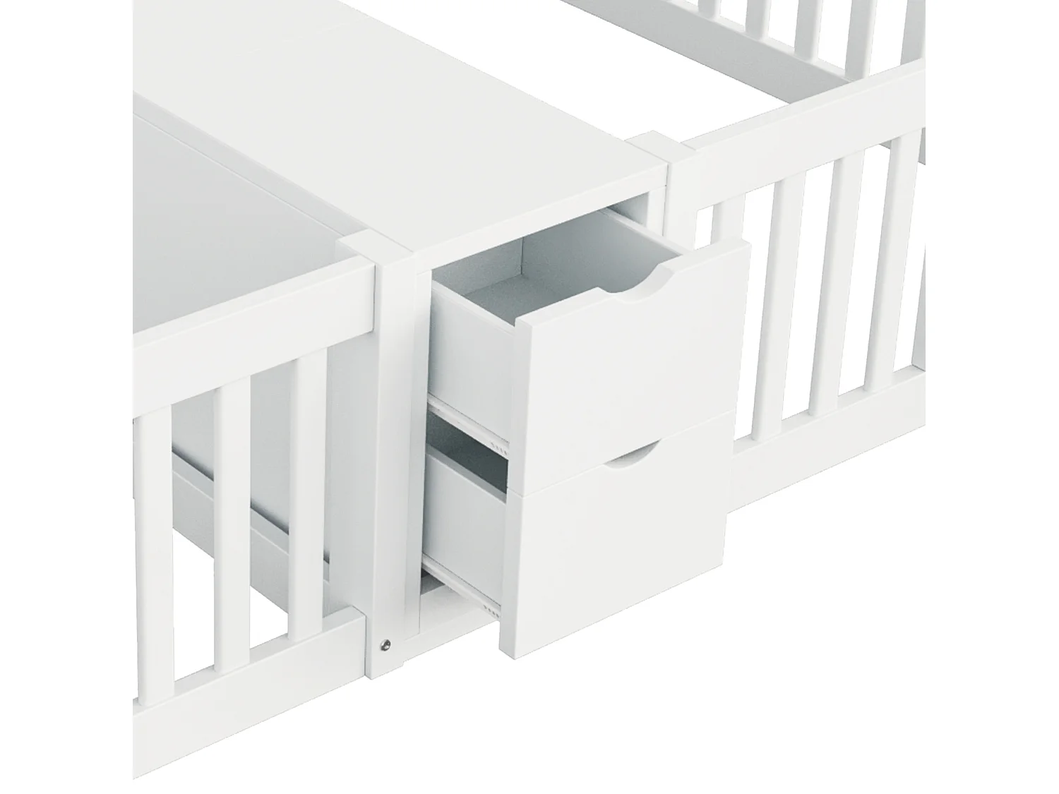 Barnsäng 90x200 cm med 2 sovplatser, 2 lådor och hyllplan - Utan ribbotten - Vit