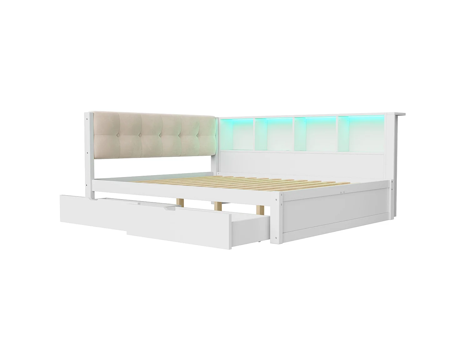 Slaapbank voor volwassenen 140x200 cm met 2 lades, USB-poort en LED-verlichting - Wit