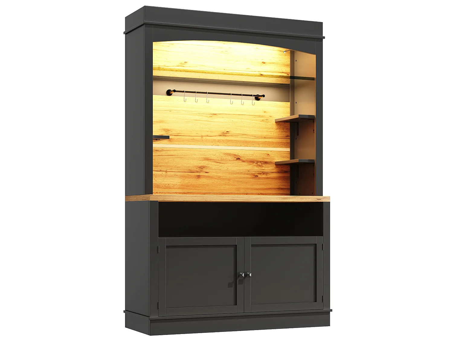 Buffet de cuisine 107x43x184 cm avec LED, crochets et 2 portes - Noir
