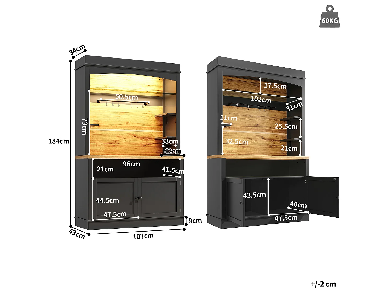 Buffet de cuisine 107x43x184 cm avec LED, crochets et 2 portes - Noir
