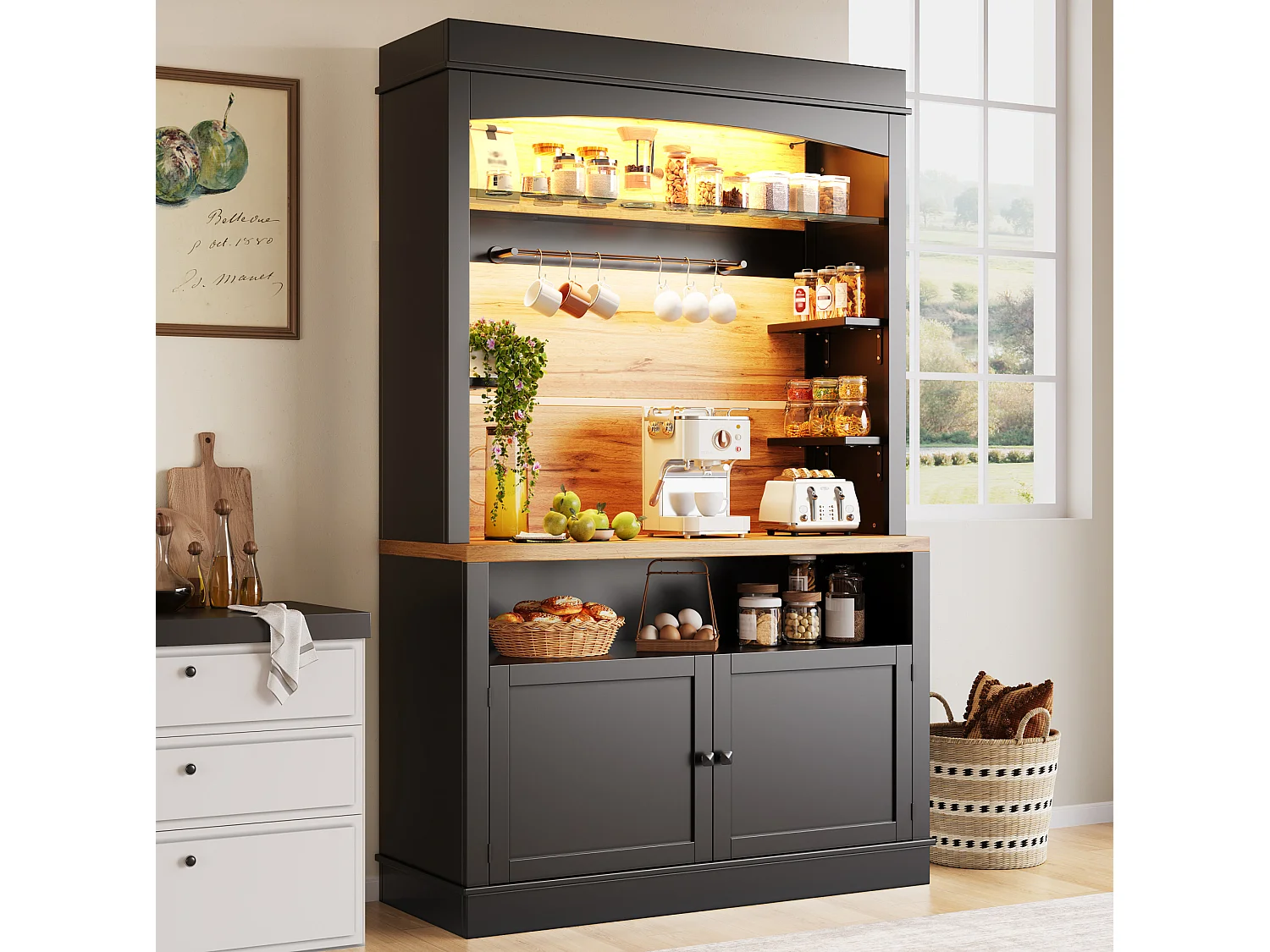 Buffet de cuisine 107x43x184 cm avec LED, crochets et 2 portes - Noir