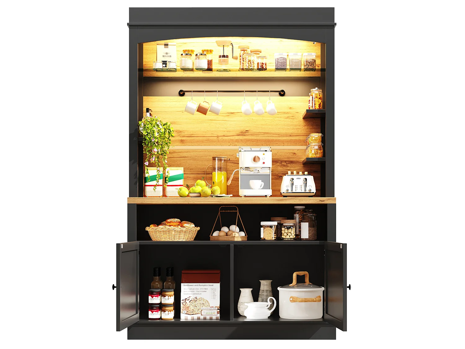 Buffet de cuisine 107x43x184 cm avec LED, crochets et 2 portes - Noir