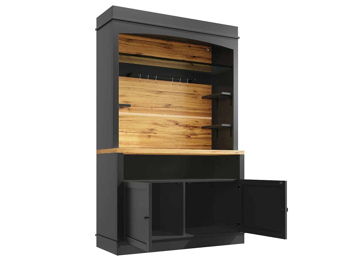 Buffet de cuisine 107x43x184 cm avec LED, crochets et 2 portes - Noir