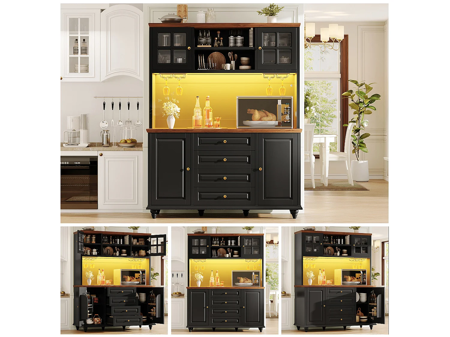 Buffet Hochschrank Küche 140cm - Aufbewahrungsschrank mit verbundener RGB-LED-Beleuchtung, Gläserregal, Füße aus Massivholz, Modernes Design - Schwarz