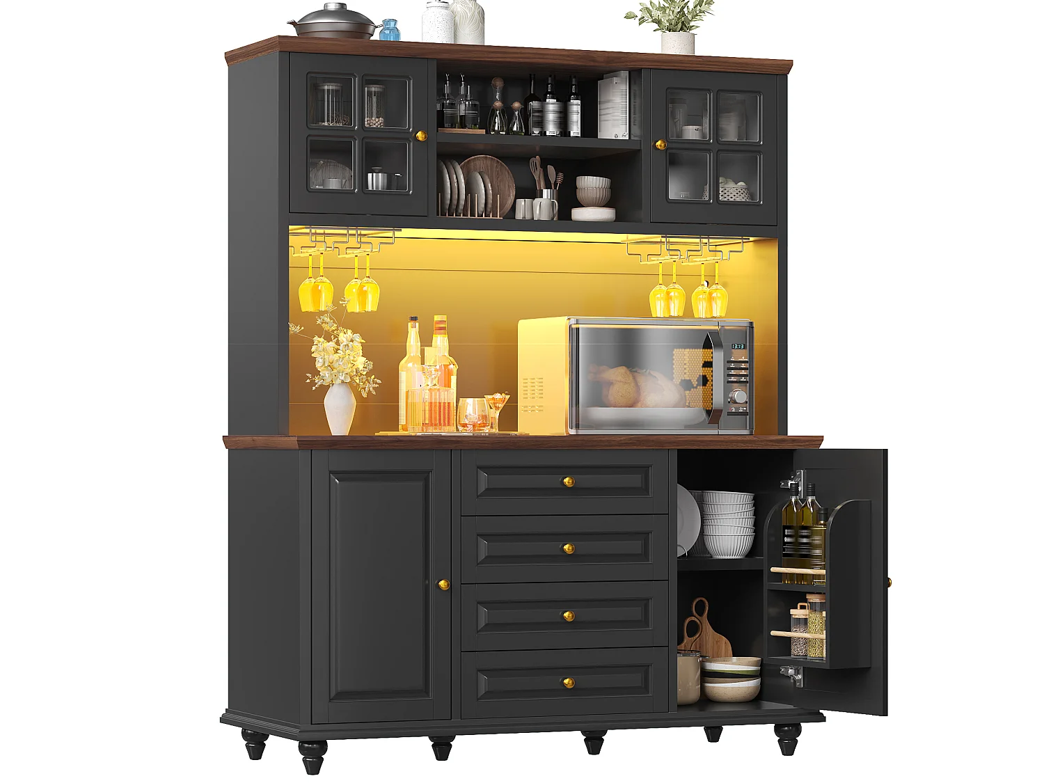 Buffet Hochschrank Küche 140cm - Aufbewahrungsschrank mit verbundener RGB-LED-Beleuchtung, Gläserregal, Füße aus Massivholz, Modernes Design - Schwarz