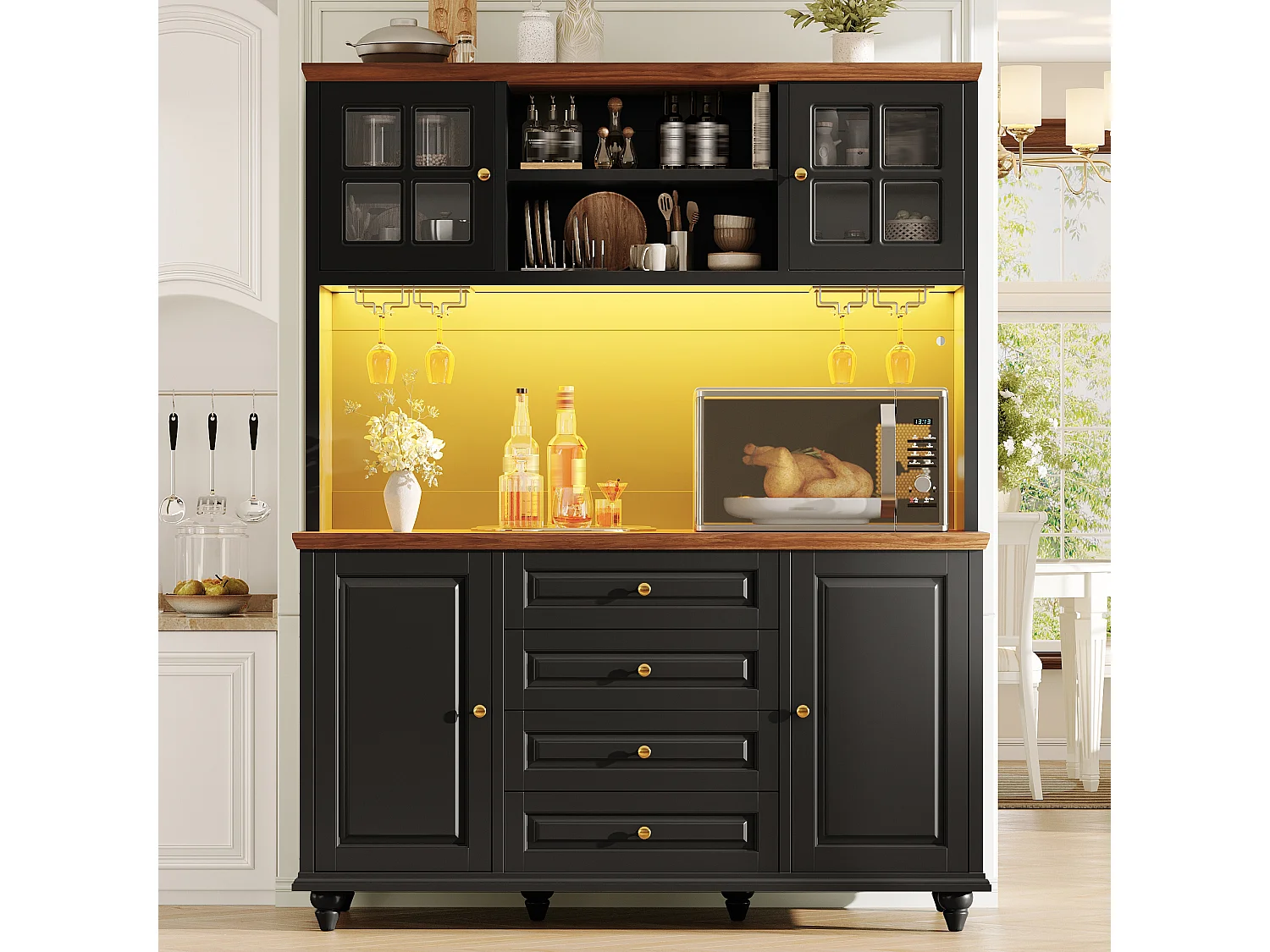 Buffet Hochschrank Küche 140cm - Aufbewahrungsschrank mit verbundener RGB-LED-Beleuchtung, Gläserregal, Füße aus Massivholz, Modernes Design - Schwarz