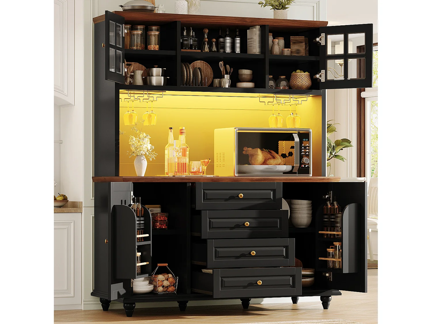 Buffet Hochschrank Küche 140cm - Aufbewahrungsschrank mit verbundener RGB-LED-Beleuchtung, Gläserregal, Füße aus Massivholz, Modernes Design - Schwarz