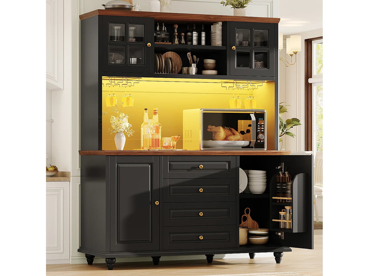 Buffet Hochschrank Küche 140cm - Aufbewahrungsschrank mit verbundener RGB-LED-Beleuchtung, Gläserregal, Füße aus Massivholz, Modernes Design - Schwarz